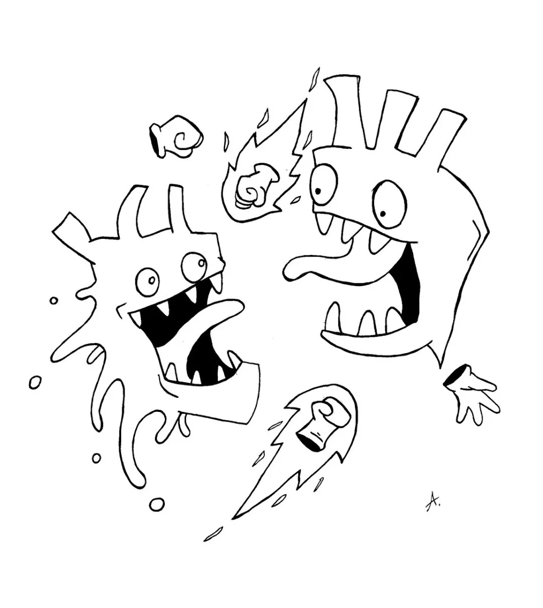 Ink drawing of two cube-shaped characters clashing in an intense dramatic duel battle