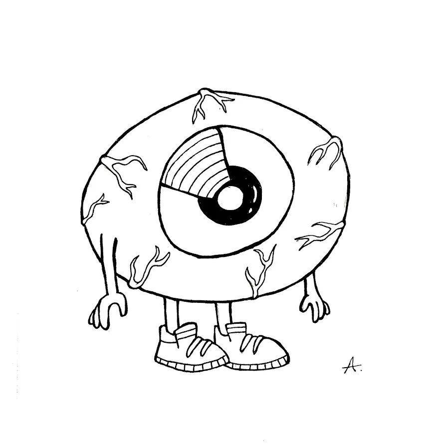 Ink drawing of a large surreal eye gazing intensely with a mysterious expression