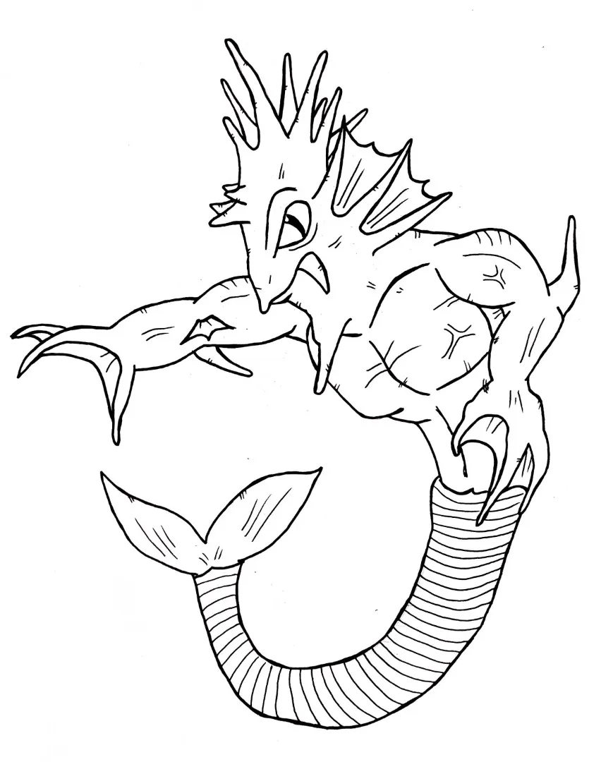 Ink drawing of a hybrid fish person character walking upright with aquatic features