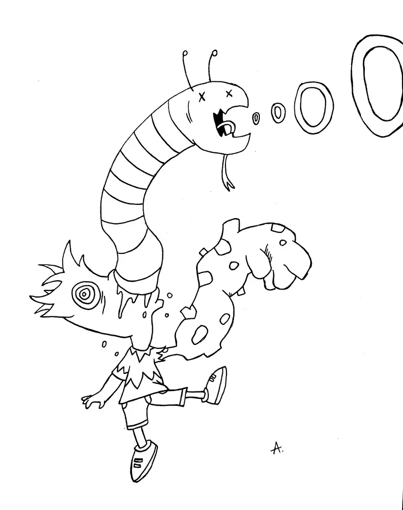 Ink drawing of a cartoon character suffering from comically exaggerated food poisoning symptoms