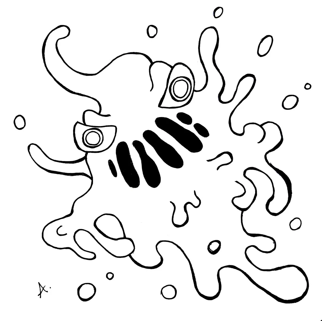 Ink drawing of a spooky cartoon ghost floating eerily with a haunting pale expression