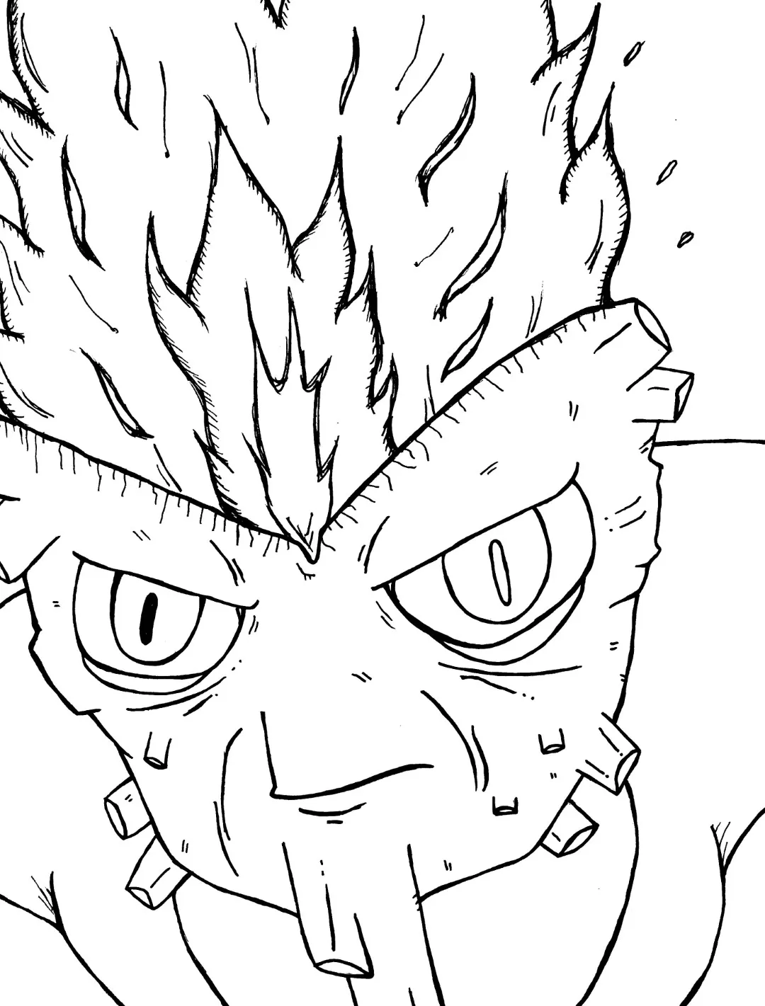 Ink drawing of a cartoon character asking for fire surrounded by flames and sparks