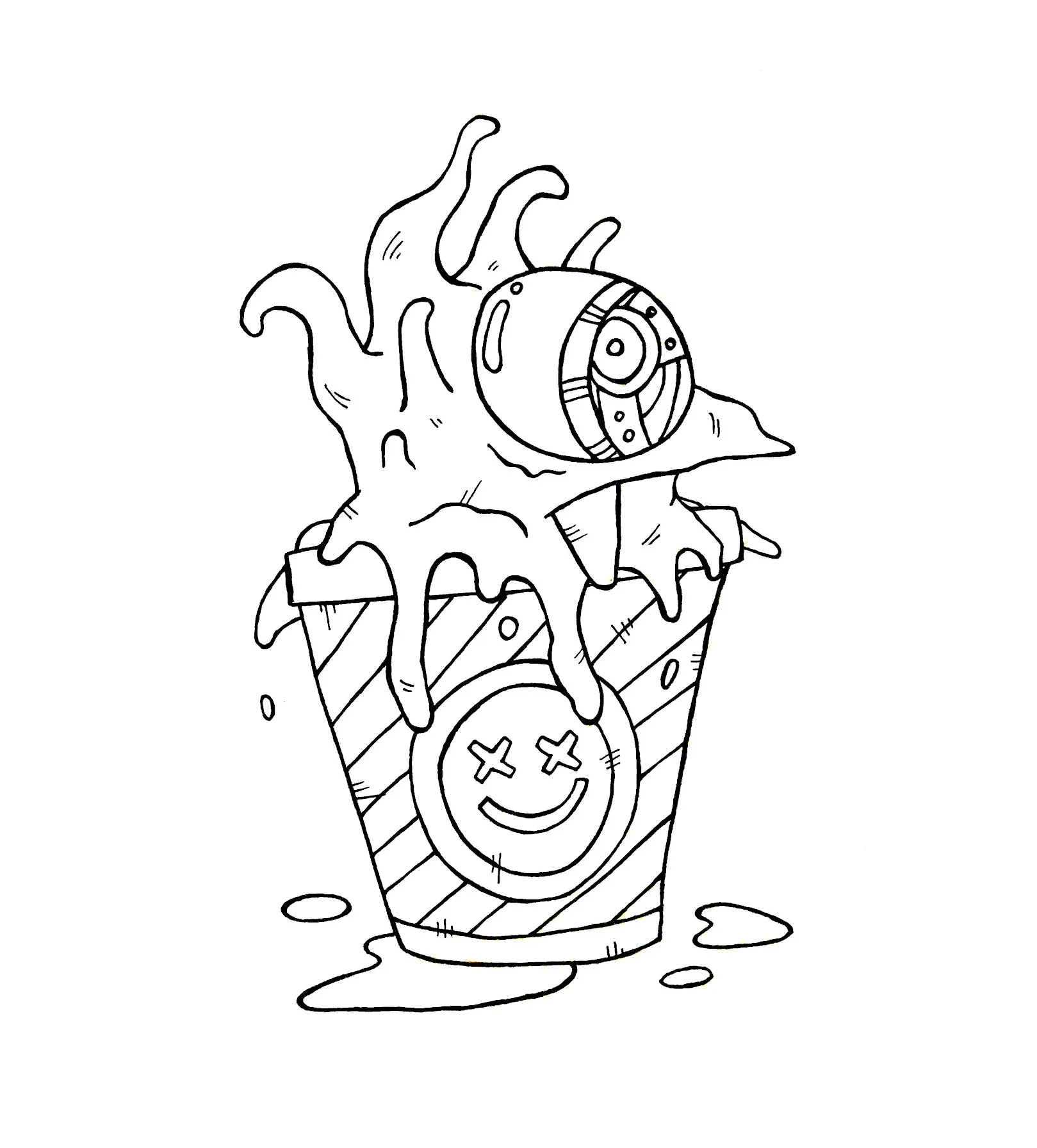 Ink drawing of cartoon characters reacting in shock to a dramatic ice cream moment
