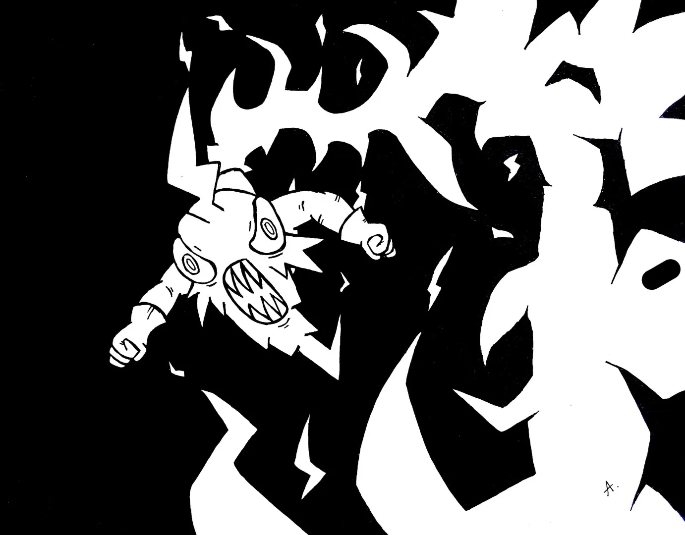 Ink drawing of a cartoon character getting a sudden electric jolt shock of energy
