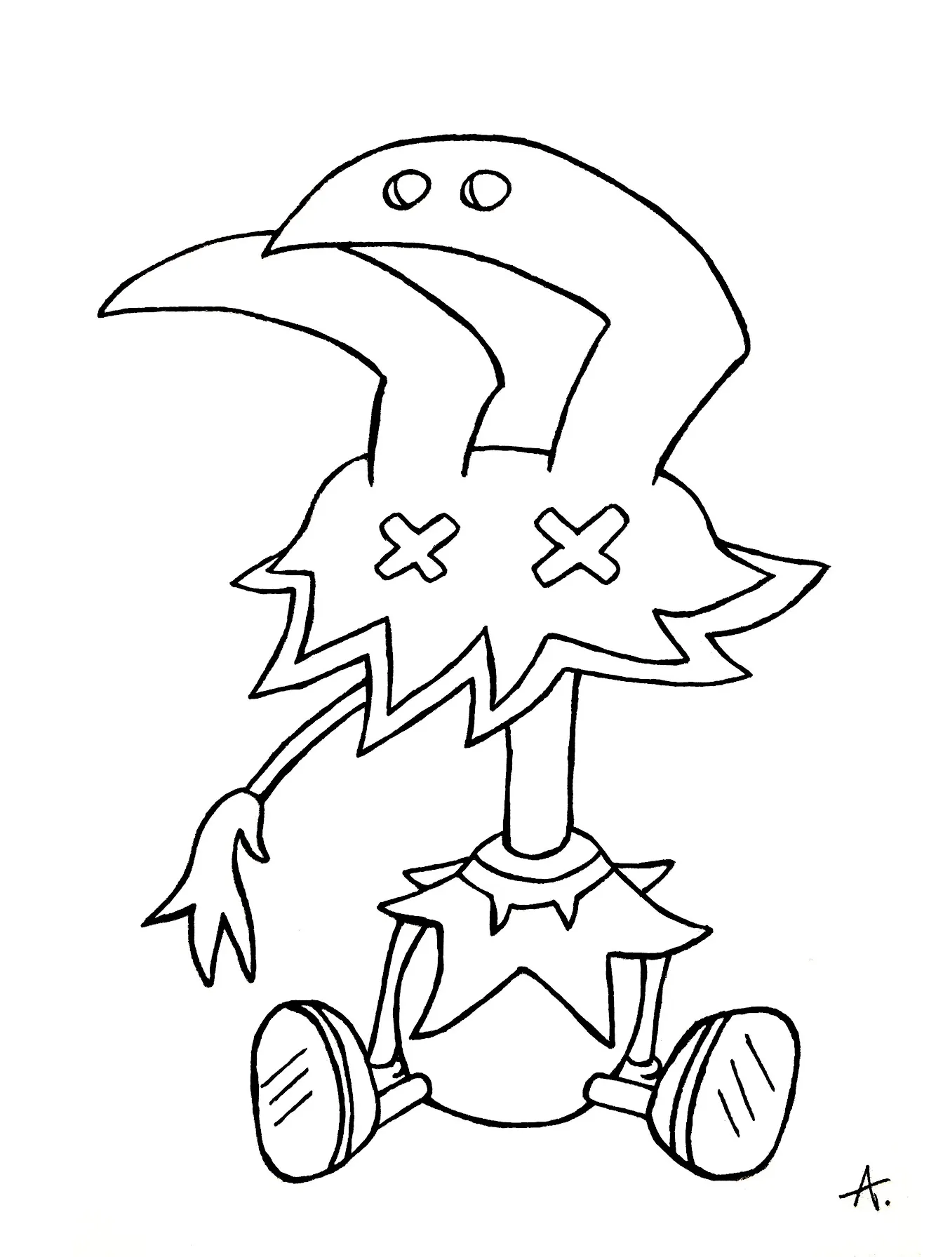 Ink drawing of a dark eerie landscape populated by creepy crawling cartoon creatures