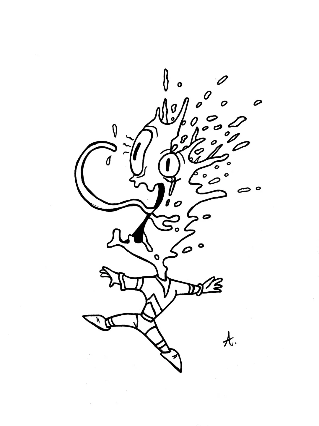 Ink drawing of a character experiencing a literal mind explosion with brain debris flying