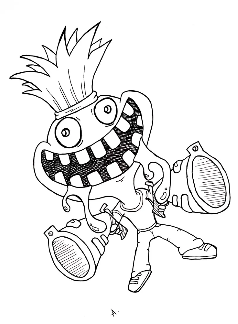Ink drawing of a wild-eyed cartoon madman character with a crazed intense expression