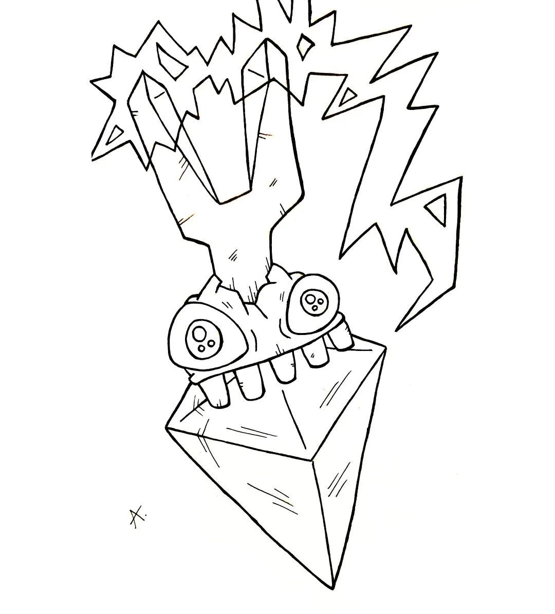 Ink drawing of a cartoon character with magnetic powers attracting objects around it