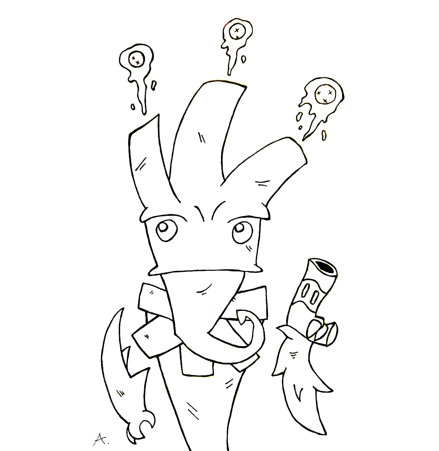 Ink drawing of a character peacefully minding their own business despite surrounding chaos