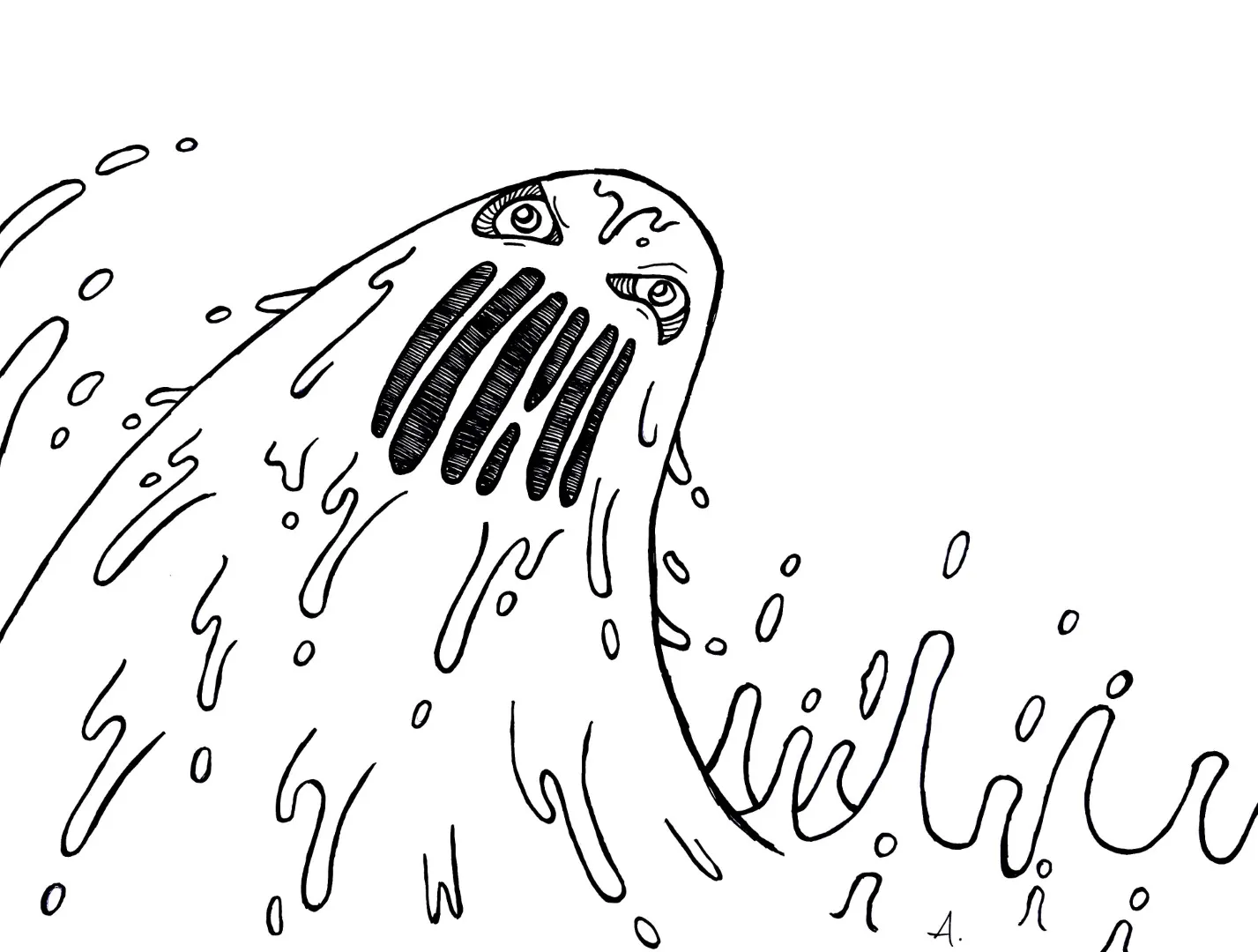 Ink drawing of a cartoon character covered head to toe in sloppy thick mud