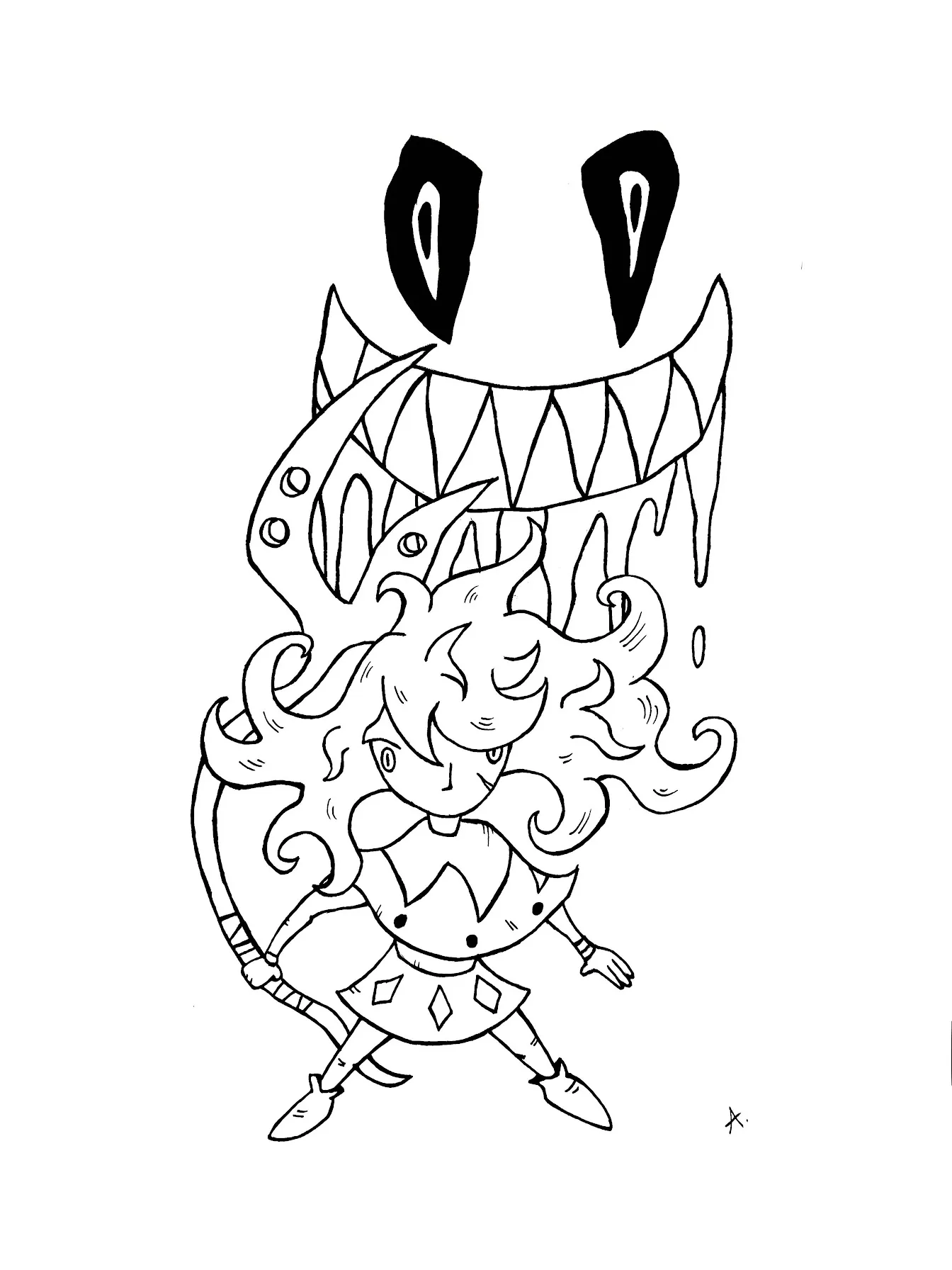 Ink drawing of two nightmarish creatures facing off in an intense dramatic duel