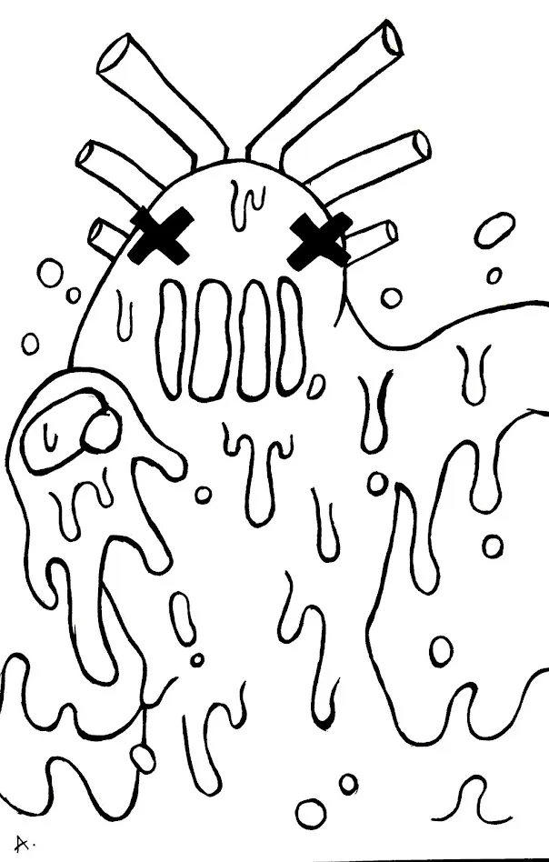 Ink drawing of terrifying creatures haunting a dark swampy landscape called Mudland