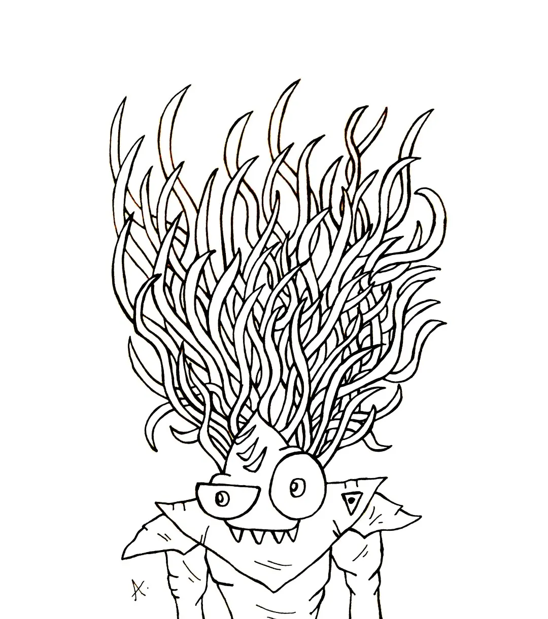 Ink drawing of whimsical cartoon creatures cheerfully embracing a carefree nihilistic existence