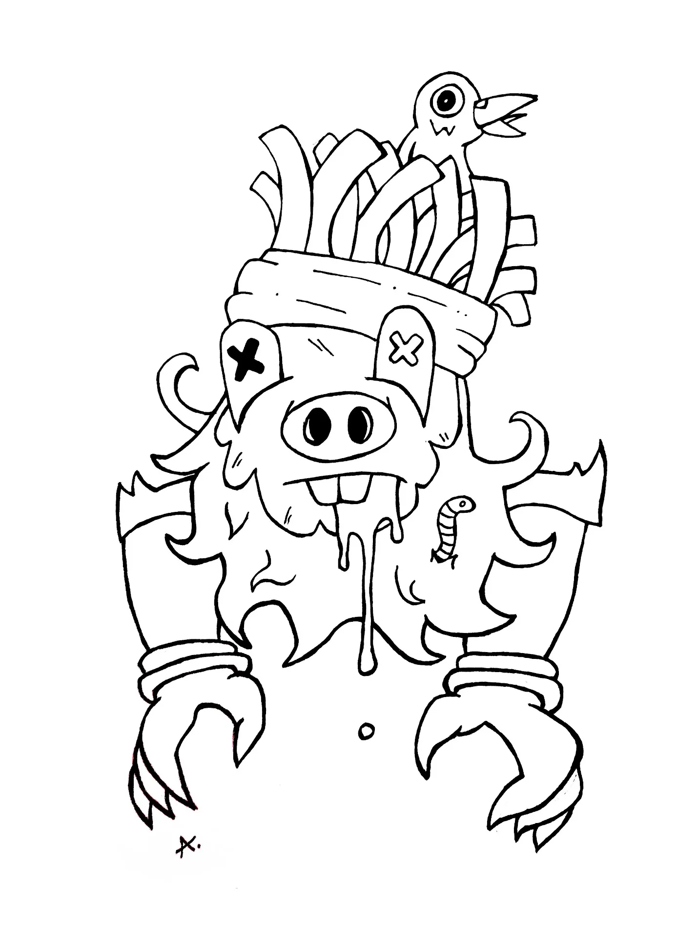 Ink drawing of a swashbuckling pig pirate character on a seafaring adventure