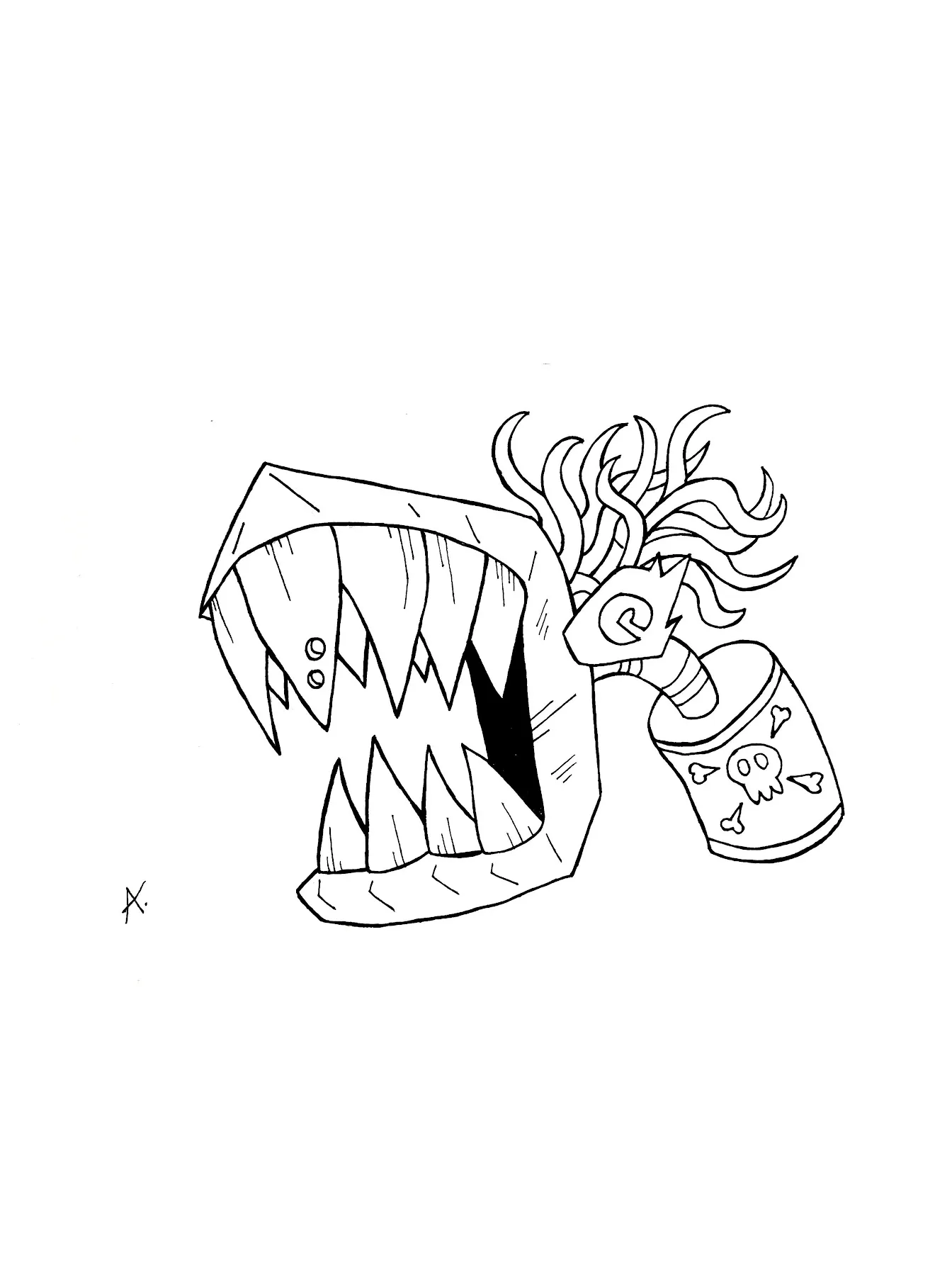 Ink drawing of a leaking radioactive barrel with mutant creatures emerging from toxic waste