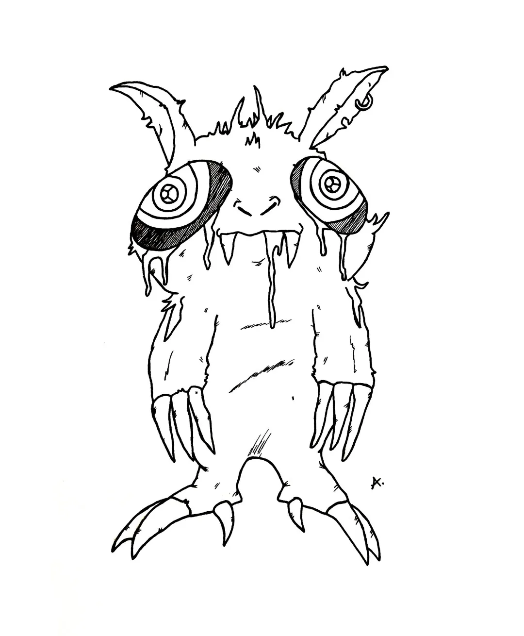 Ink drawing of a scrappy cartoon rat character with sharp teeth and a long tail