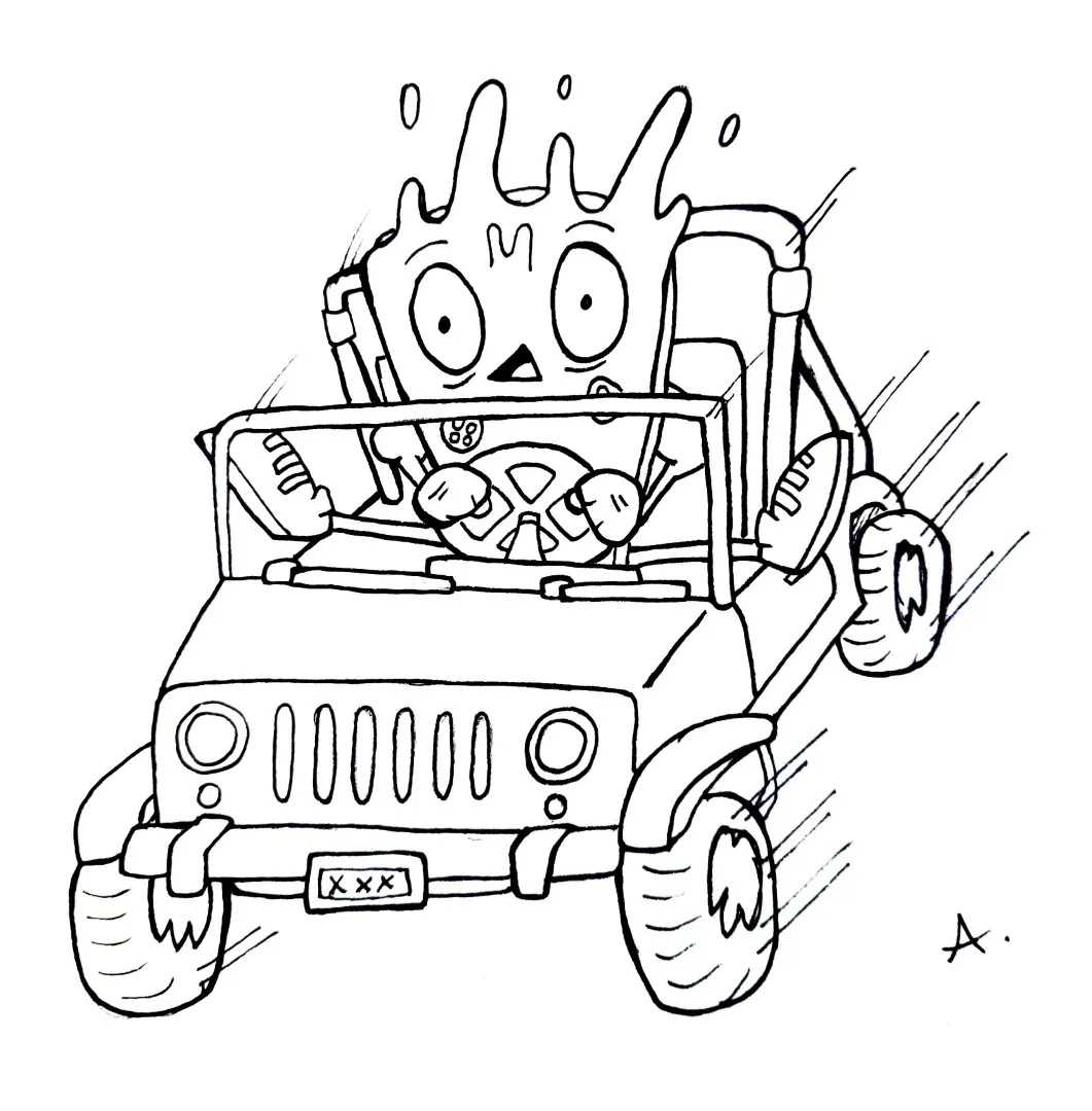 Ink drawing of cartoon characters enjoying a wild and thrilling high-speed ride adventure