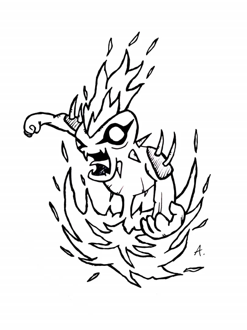 Ink drawing of a cartoon character left scorched and charred after a fiery explosion