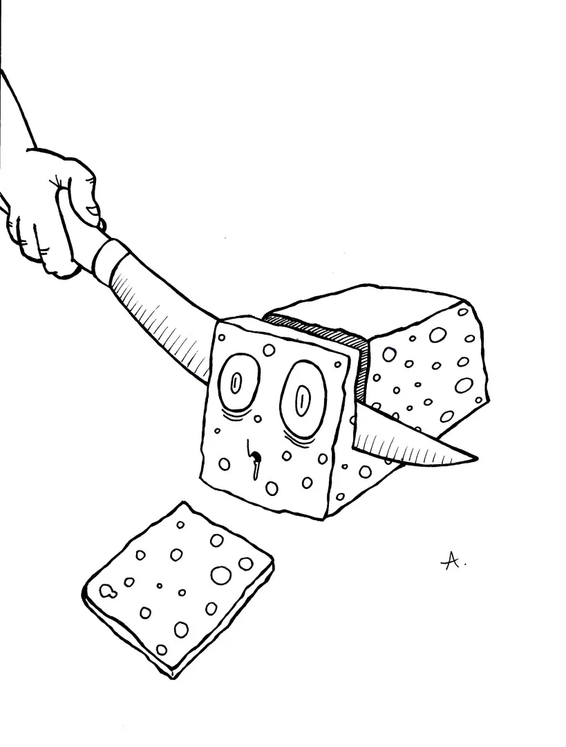 Ink drawing of a sharp slicing action cutting through objects in a dynamic cartoon scene