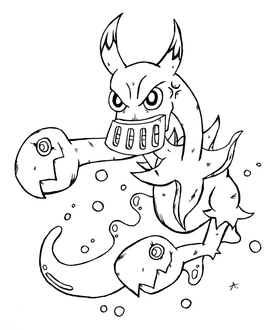 Ink drawing of a quirky cartoon character inspired by a water heater tank creature