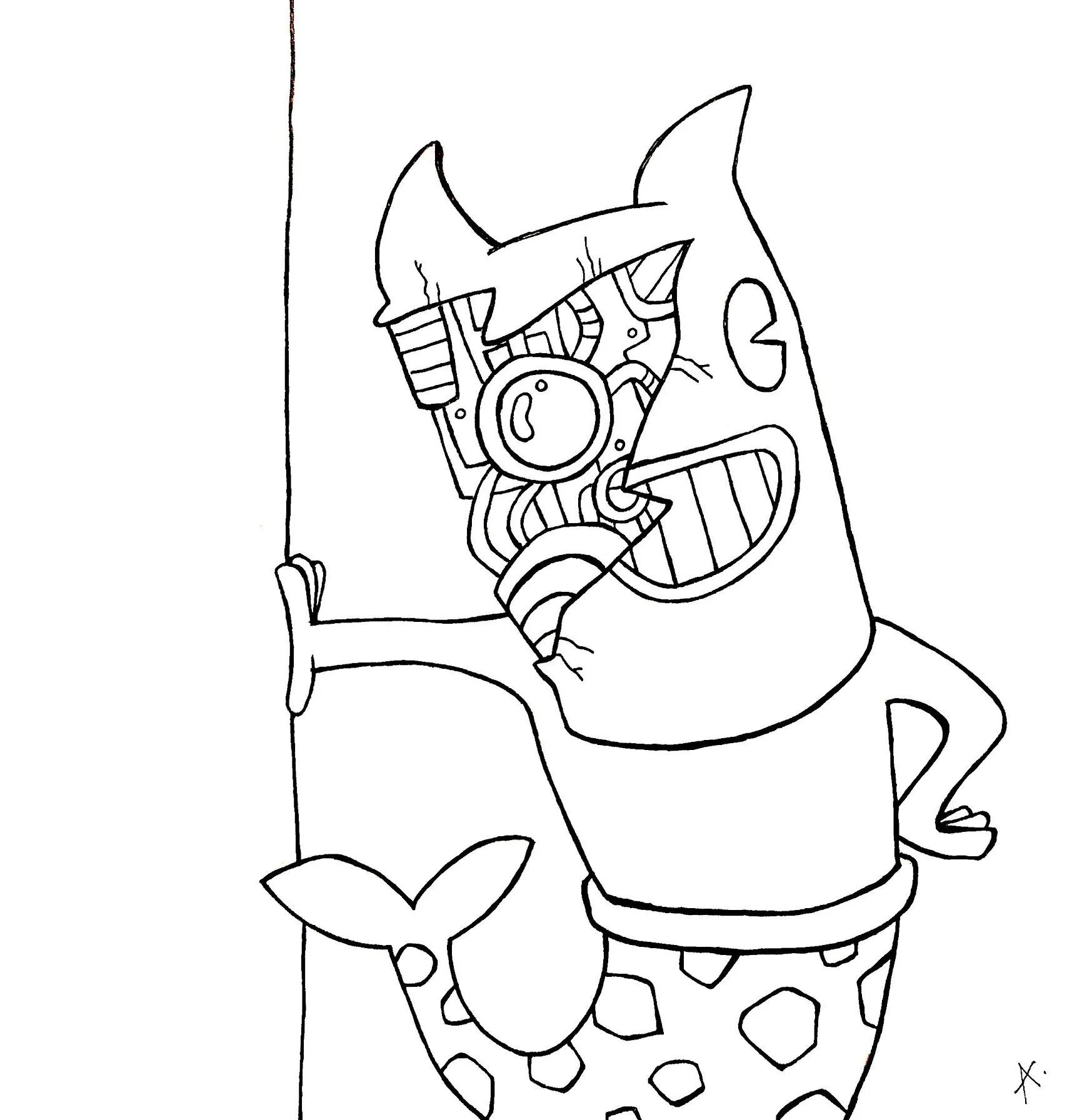 Ink drawing of a character revealing their hidden inner self or alter ego within