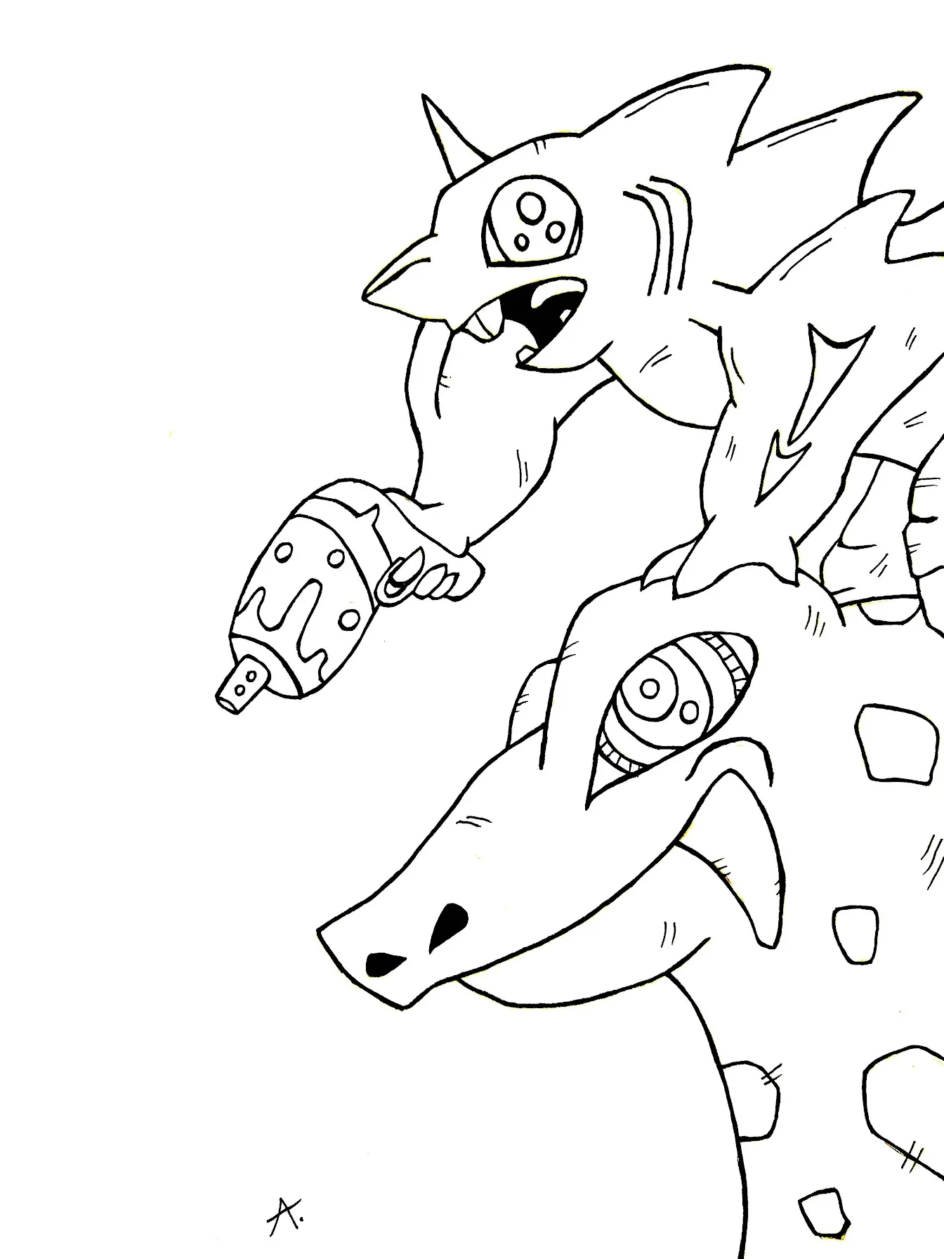 Ink drawing depicting the creative process of a character or creature being assembled