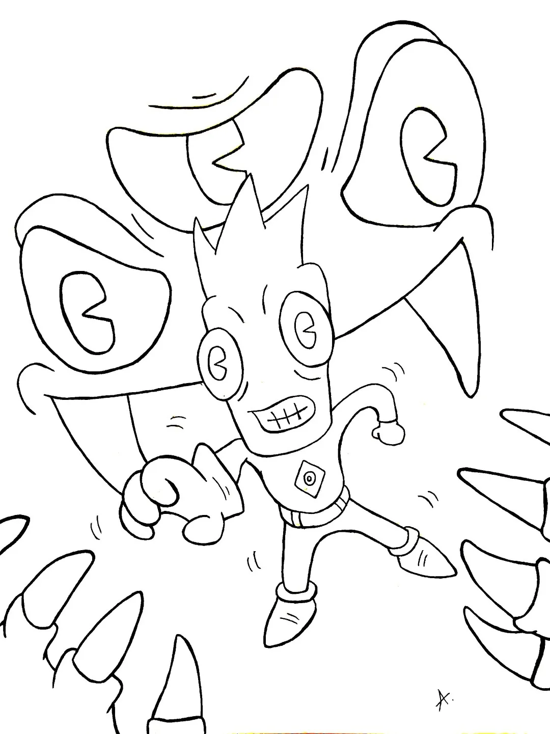 Ink drawing of a menacing three-eyed creature causing chaos and destruction