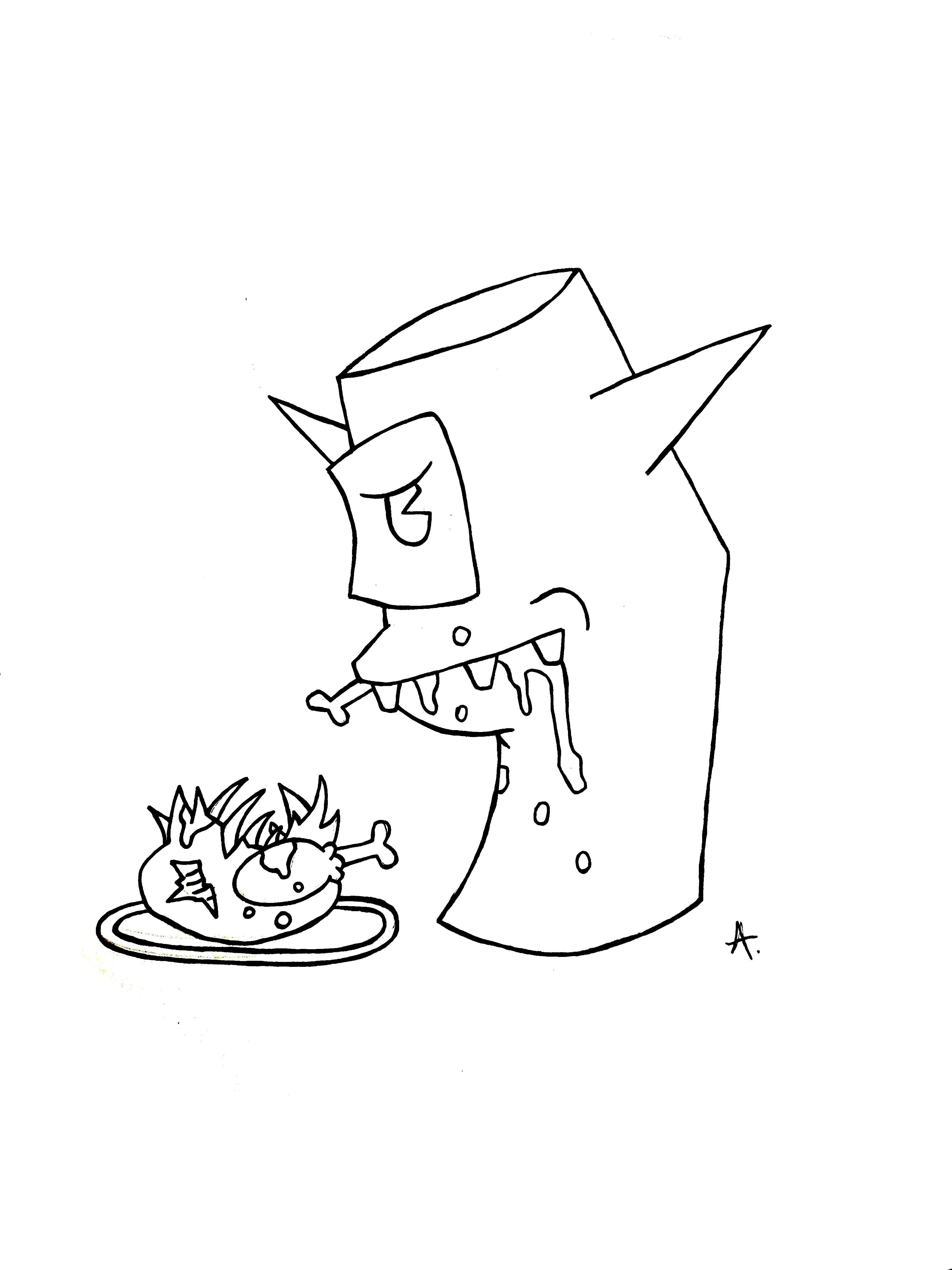 Ink drawing of cartoon characters surrounded by exaggerated colorful vegan food dishes