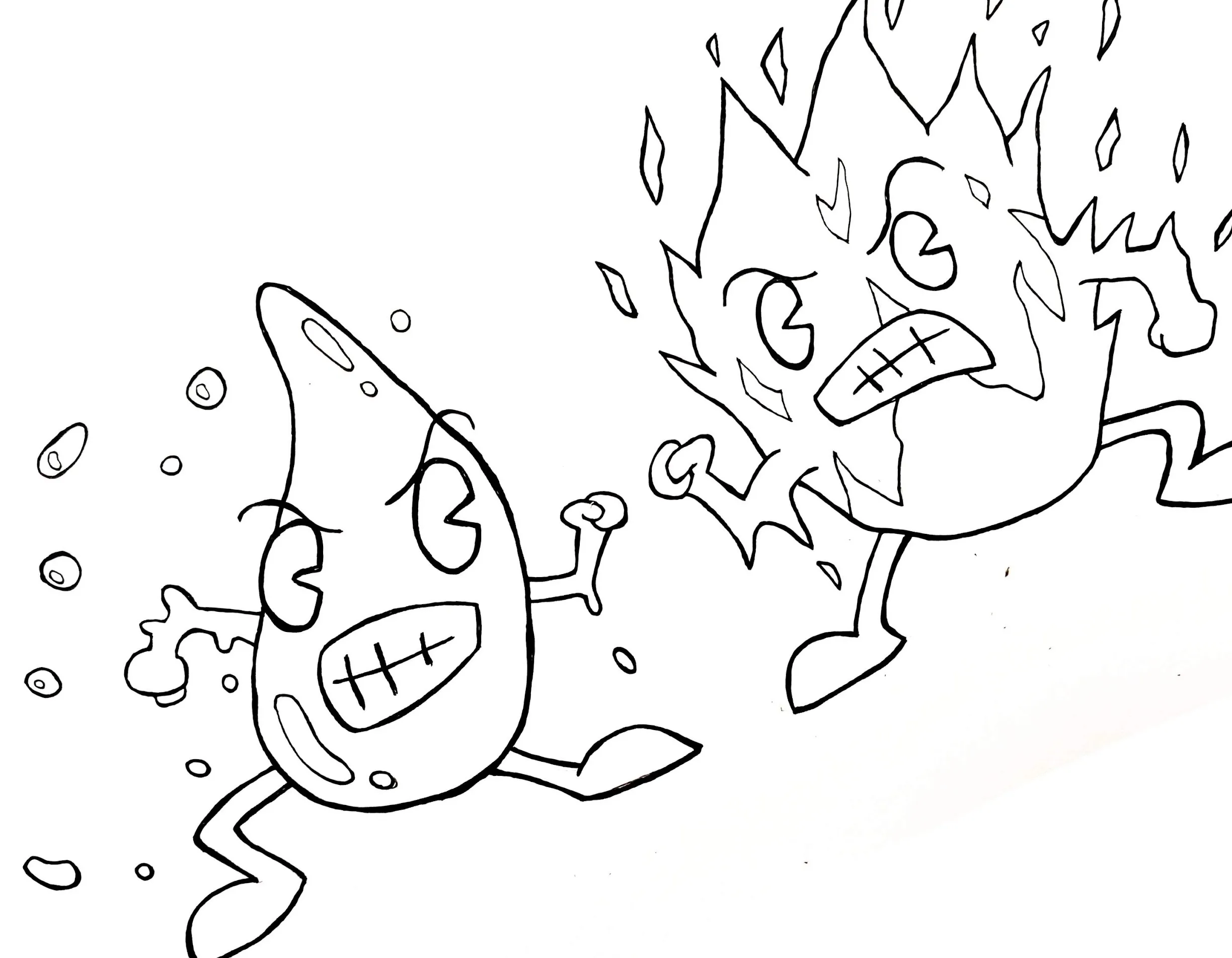 Ink drawing depicting a battle between water and fire elemental cartoon characters