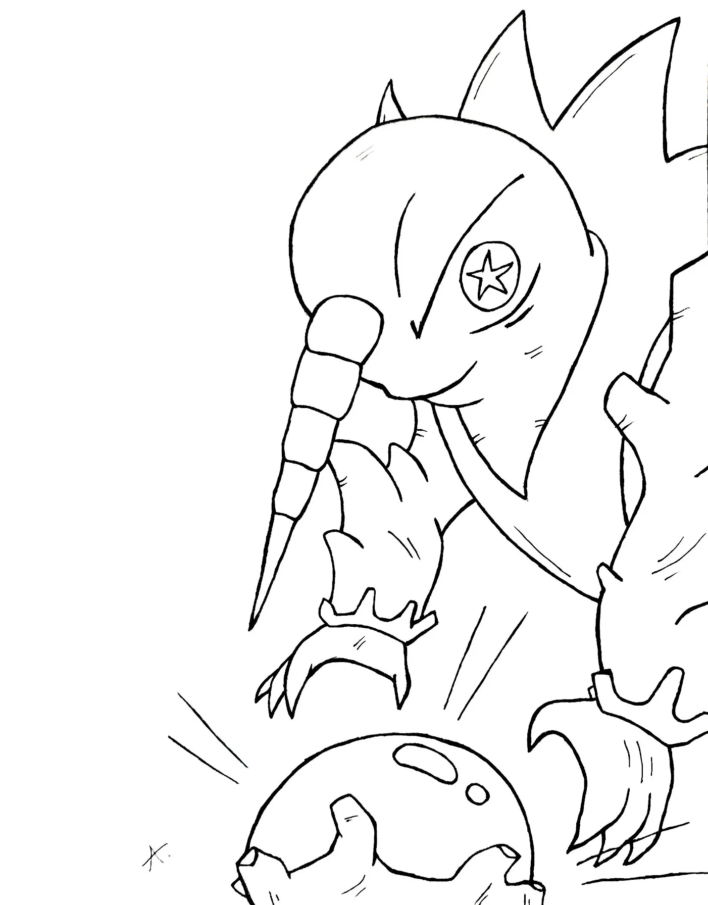 Ink drawing of a witch character casting spells with potions and dark enchantments