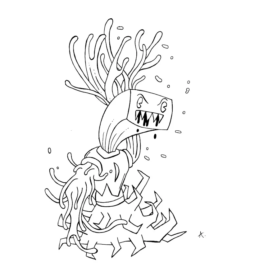 Ink drawing of a quirky decorated Christmas tree with cartoon character ornaments