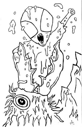 Ink drawing showing the bizarre and humorous process of how aliens are born