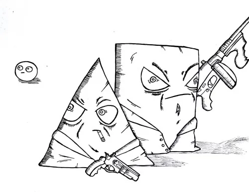Ink drawing of a sharp angular geometric cartoon character made entirely of pointed shapes