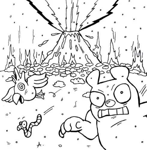 Ink drawing of a somber cartoon character surrounded by falling ash and glowing embers
