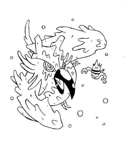 Ink drawing of an expressive bird character proudly declaring that bird is the word