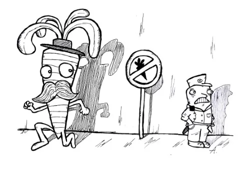 Ink drawing of a fragile cartoon character cracking apart as if made of delicate glass