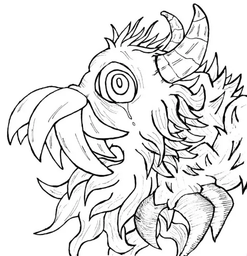 Ink drawing of a quirky bug-like cartoon creature with antennae and multiple legs