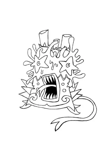 Ink drawing of a lively carnival scene with costumed characters and festive decorations