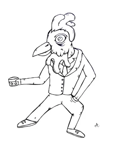 Ink drawing of a plucky cartoon chicken character with ruffled feathers and attitude
