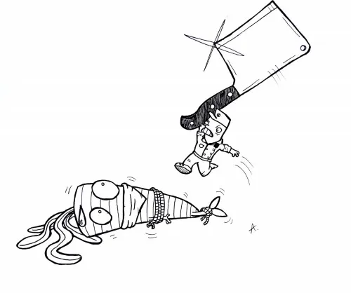 Ink drawing of a cartoon character performing a powerful chopping strike with great force