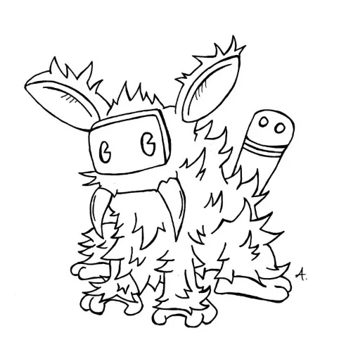 Ink drawing of a futuristic cyber pet creature with mechanical and digital features