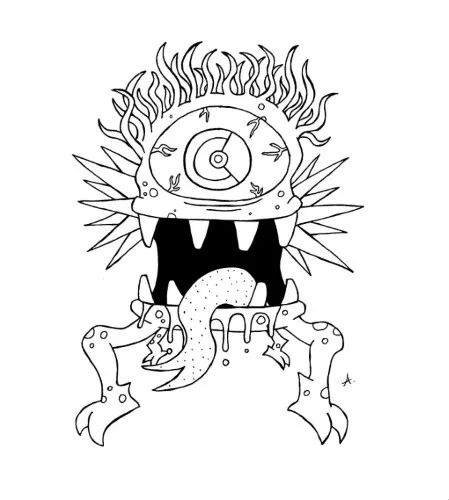 Ink drawing of cartoon creatures acting out a wild nature documentary discovery scene