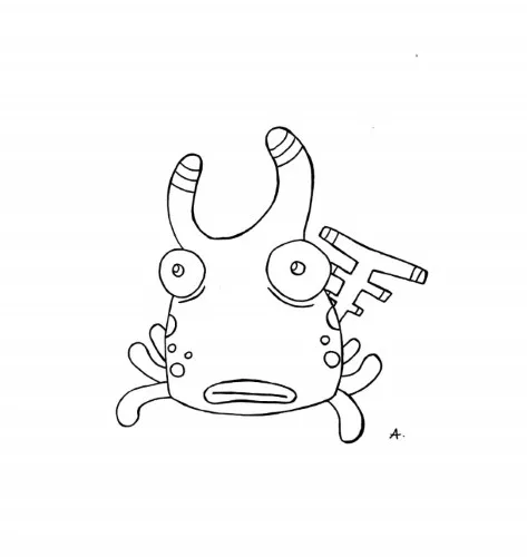 Ink drawing of a sad disappointed fish character with a dejected expression underwater