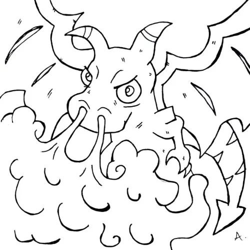 Ink drawing of a fierce cartoon dragon breathing fire with detailed scales and wings