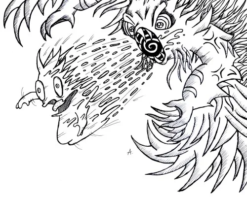 Ink drawing of cartoon characters being pulled into a swirling vortex drain below them