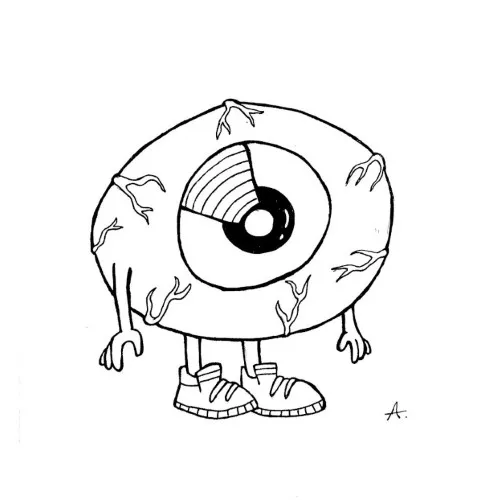 Ink drawing of a large surreal eye gazing intensely with a mysterious expression