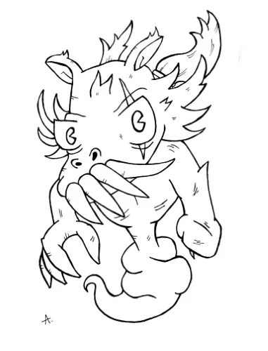 Ink drawing of a magical genie character emerging from a lamp granting wishes