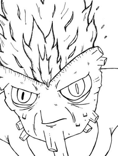 Ink drawing of a cartoon character asking for fire surrounded by flames and sparks