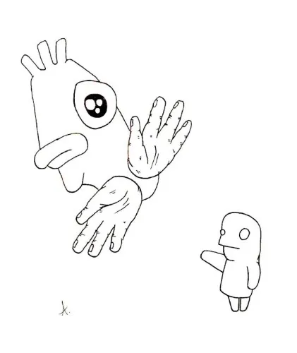 Ink drawing of expressive cartoon hands reaching out in a dramatic urgent gesture
