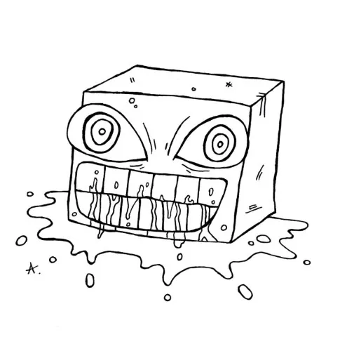 Ink drawing of a cheerful block-shaped character with a big happy grinning smile